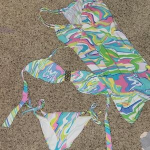 3 Piece Set: Colorful Swirl Triangle Bikini Set with Cover-Up